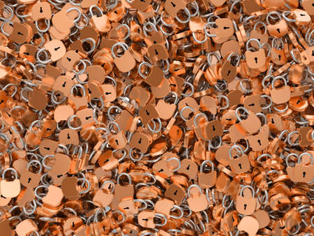 Many brass locked padlocks background. Large resolutionの写真素材