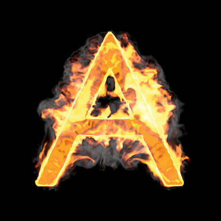 Burning and flame font A letter over black backgroundの写真素材