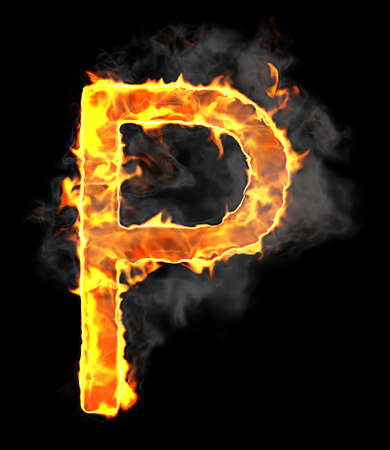 Burning and flame font P letter over black backgroundの写真素材