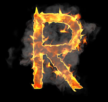 Burning and flame font R letter over black backgroundの写真素材