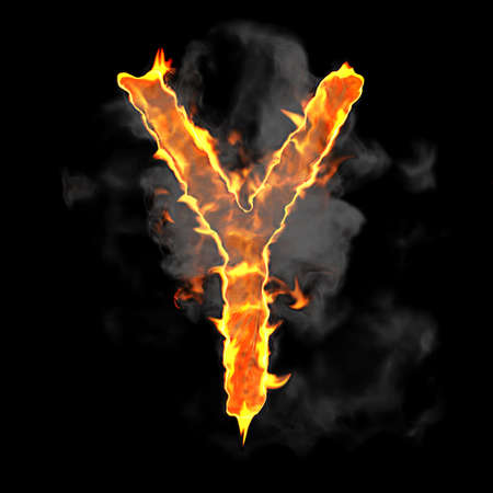 Burning and flame font Y letter over black backgroundの写真素材