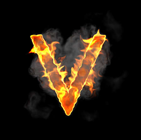 Burning and flame font V letter over black backgroundの写真素材