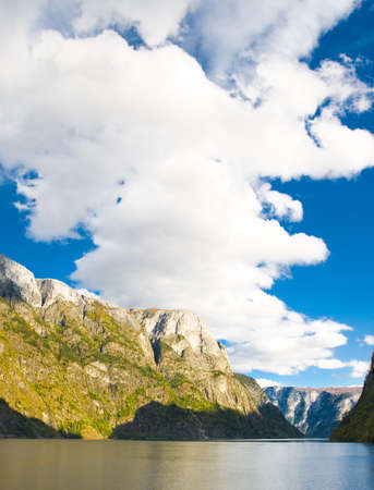 Norwegian fjord in autumn: Mountains and blue sky