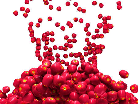 Ripe red apple falling down isolated over white backgroundの写真素材