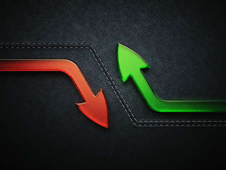 Growth and decline: arrows over black leather pattern. Useful for businessの写真素材