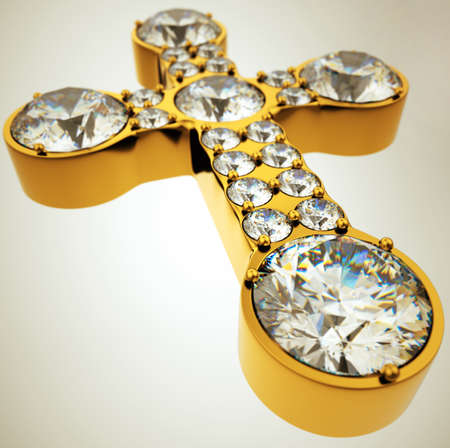Wide angle view of golden cross with diamonds. Religious lifeの写真素材