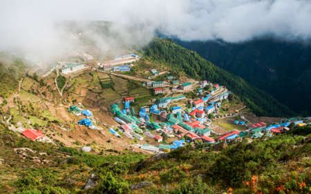 Namche Bazaar village in Nepal. Hiking and tourism in Himalayasの写真素材