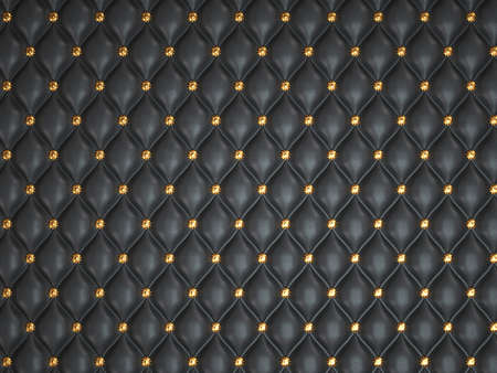 Black leather background with golden buttons. Useful as luxury patternの写真素材
