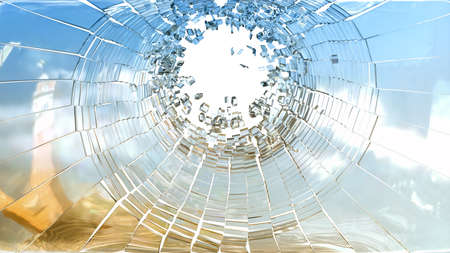 Bullet hole: pieces of shattered glass on white