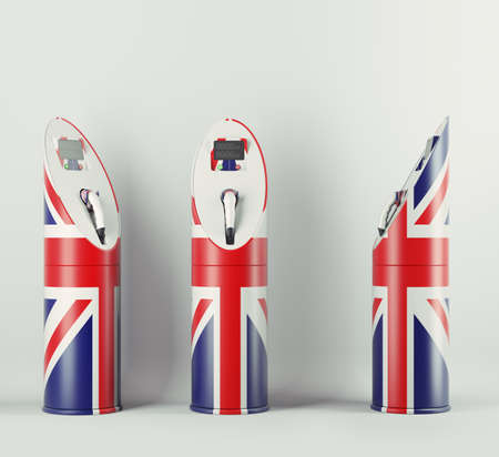 Eco fuel: three charging stations with Union Jack flag pattern for electric carsの写真素材
