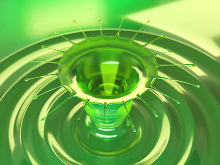 Splash of colorful green liquid with droplets and water crown 