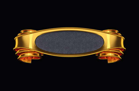 Golden label with curles and leather element. On dark backgroundの写真素材