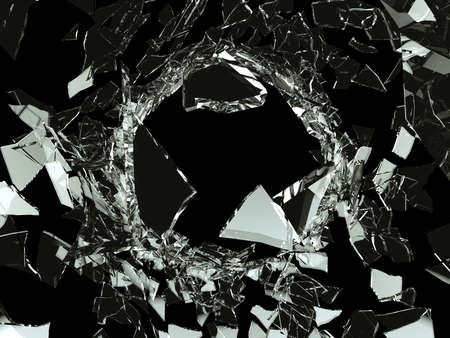 Bullet hole Shattered glass on black background. Large resolutionの写真素材