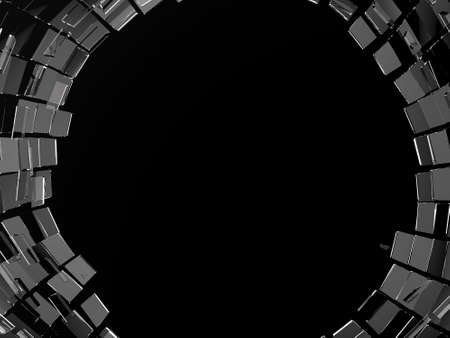 Pieces of cubic Shattered black glass isolated on black. Hole in the middleの写真素材