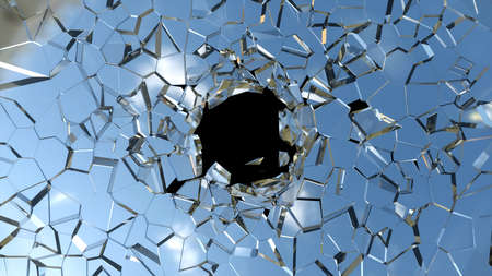 Broken shattered glass pieces isolated over blackの写真素材
