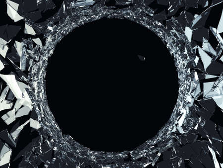 Demolished glass with sharp pieces and bullet hole on blackの写真素材