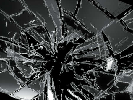Shattered or demolished pieces of glass on black の写真素材