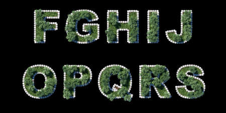 trees and grass font with grey cubing border on black  letters collectionの写真素材