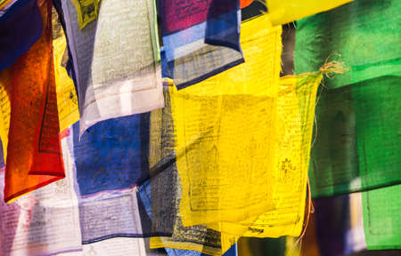 Colorful buddhist Prayer flags with mantras  religion in Asiaの写真素材