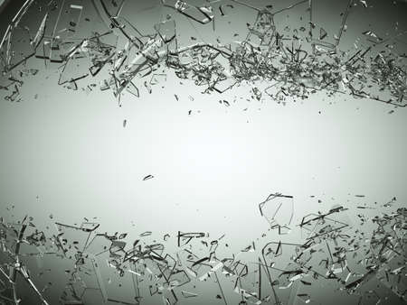 Pieces of splitted or cracked glass on grey gradient background. Large resolution