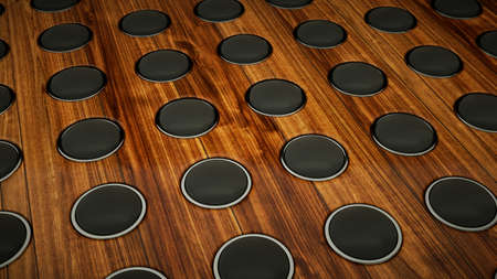 Wall of sound: many speakers on wooden background. Large resolutionの写真素材