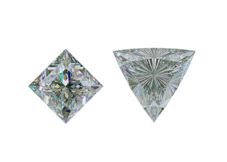 Top view of trillion and princess cut diamond or gemstones on white. 3d illustration, 3d rendering