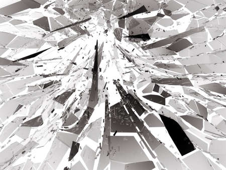 Pieces of destructed Shattered glass on white. 3d rendering 3d illustrationの写真素材