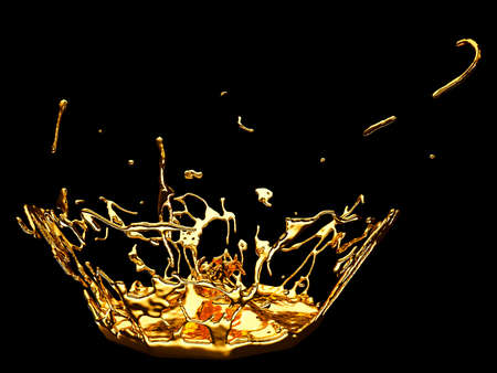 Liquid gold or oil splashes isolated on black. 3d render, 3d illustrationの写真素材