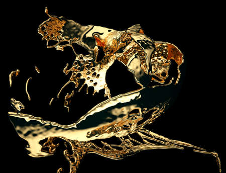 Liquid gold or oil splashes isolated on black. 3d render, 3d illustrationの写真素材