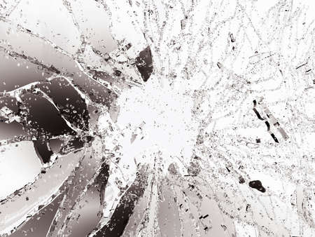 Pieces of shattered or smashed glass on white. 3d illustration; 3d rendering