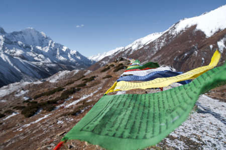 Buddhist prayer flags in Himalayas. Culture and religion in Nepal