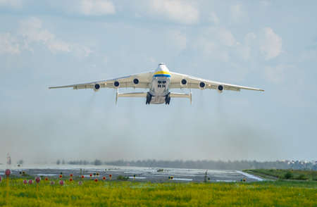 Antonov An-225 Mriya aircraft takes off from the Gostomel airport in Kyiv, Ukraine. This giant cargo plane is the heaviest aircraft ever built. Summer 2018のeditorial素材