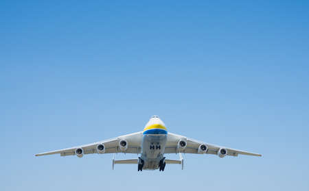 Antonov An-225 Mriya aircraft landing in the Gostomel airport in Kyiv, Ukraine. This giant cargo plane is the heaviest aircraft ever built. Summer 2018のeditorial素材