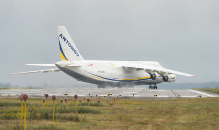 An-124-100M-150 Ruslan Ukrainian aircraft cargo transporter in Gostomel airport in Kyiv, Ukraine. Summer 2018, Antonov airplanesのeditorial素材