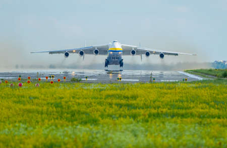 Antonov An-225 Mriya aircraft takes off from the Gostomel airport in Kyiv, Ukraine. This giant cargo plane is the heaviest aircraft ever built. Summer 2018のeditorial素材