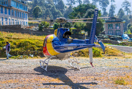 Rescue helicopter in Lukla airport in Himalayas, Captured in autumn 2013, Nepal, Khumbu region