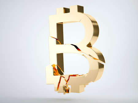 Golden bitcoin sign with cracks on grey background. 3d render, 3d animationの写真素材