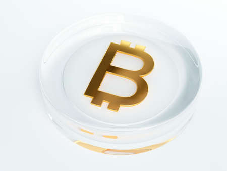 bitcoin cryptocurrency golden symbol covered with transparent glass or plastic 3d render, 3d illustrationの写真素材