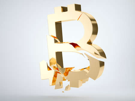 Golden bitcoin symbol shattered and broken on grey background. 3d render, 3d animationの写真素材