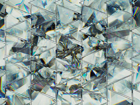 Triangles with diamond structure extreme closeup and kaleidoscope. top view of round gemstone 3d render, 3d illustrationの写真素材