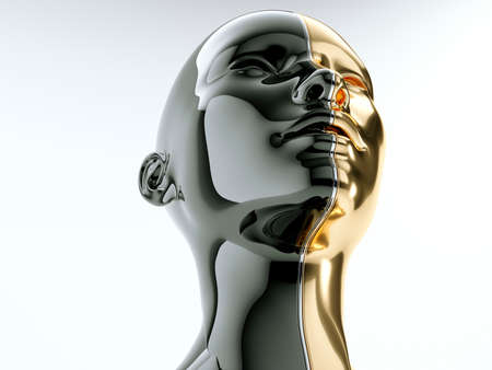 Black and gold human head separated by line as symbol of balance and diversityの写真素材