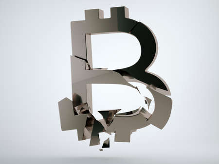 Black bitcoin symbol with cracks on grey background. 3d render, 3d animationの写真素材