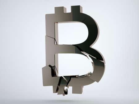 Black bitcoin symbol shattered and broken on grey background. 3d render, 3d animationの写真素材