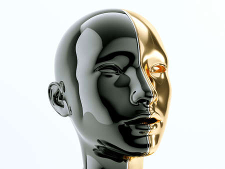 Black and gold human head separated by line as symbol of balance and diversityの写真素材