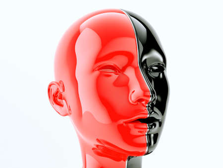 Black and red human head separated by line as symbol of balance and diversity. 3d render, illustraionの写真素材