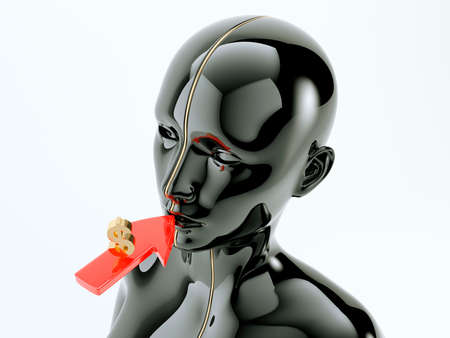 Consumption or consumerism arrow and dollar sign near human or customer mouth. 3d render, 3d illustrationの写真素材