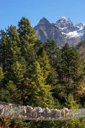 Yaks caravan crossing suspension bridge in the Himalayas. Everest base camp trek in Nepalの写真素材