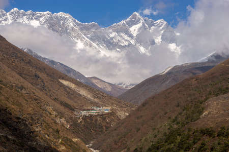 Everest summit, Lhotse and village in Himalayas. Everest base camp trek in Nepalの写真素材