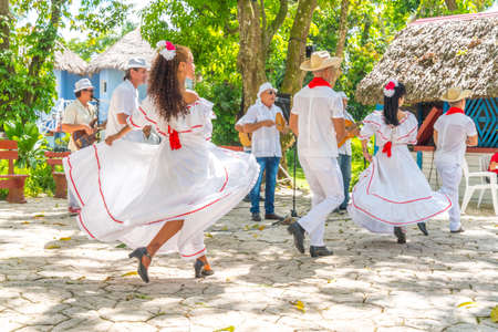 Dancers in costumes and musicians perform traditional cuban folk dance. Cuba, spring 2018のeditorial素材