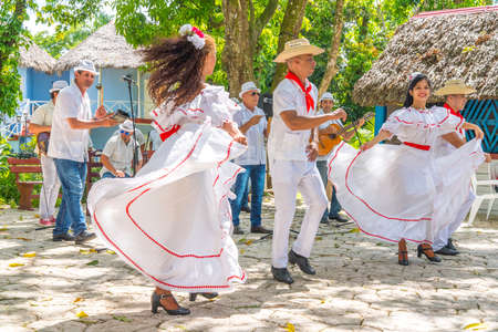 Dancers in costumes and musicians perform traditional cuban folk dance. Cuba, spring 2018のeditorial素材